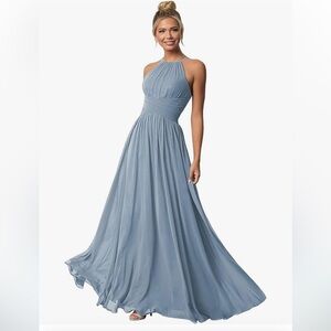 Pomuyoo Dusty Blue Halter Long Chiffon Formal Bridesmaid Prom Dress - size 14